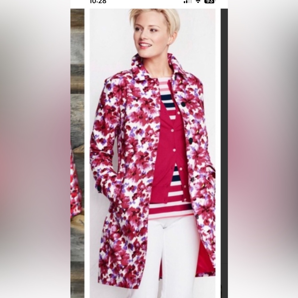 Land's End Size S (6-8) Floral Trench Rain Coat Button Lined